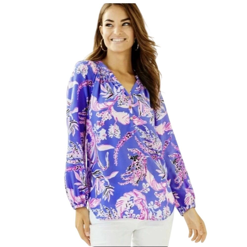 Lilly Pulitzer Women's Elsa Top 100% Silk Iris Blue Wild Within Size S